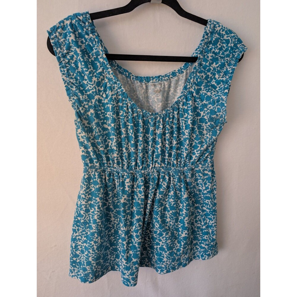Madison Aqua & White Scoop Neck Babydoll Top Women's Large